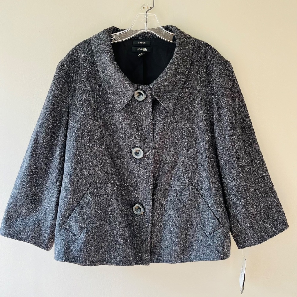 Style n Co Sz 16W Gray Stretch Collared‎ Button Front Blazer Jacket Lined